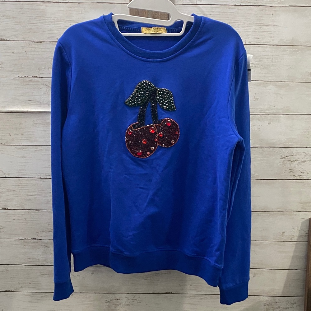 Vinizbena Blue Italian Sweatshirt with Rhinestone Cherry‎ Accent
